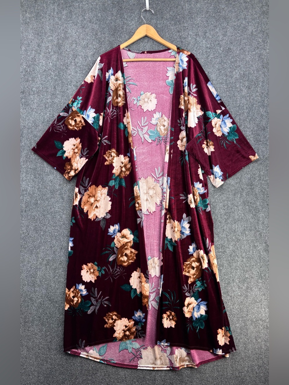 Soft Velvet Burgundy Whimsigoth Floral Kimono Duster Women’s 2XL Made In USA